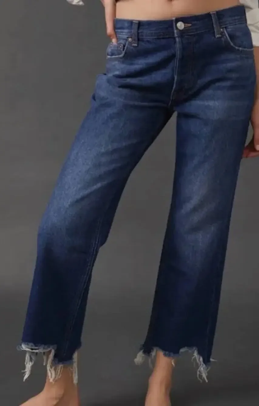 Free People WTF Maggie Mid Rise Straight Raw Hem Jeans Dark Wash NEW 29